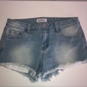 High waisted light wash jean shorts